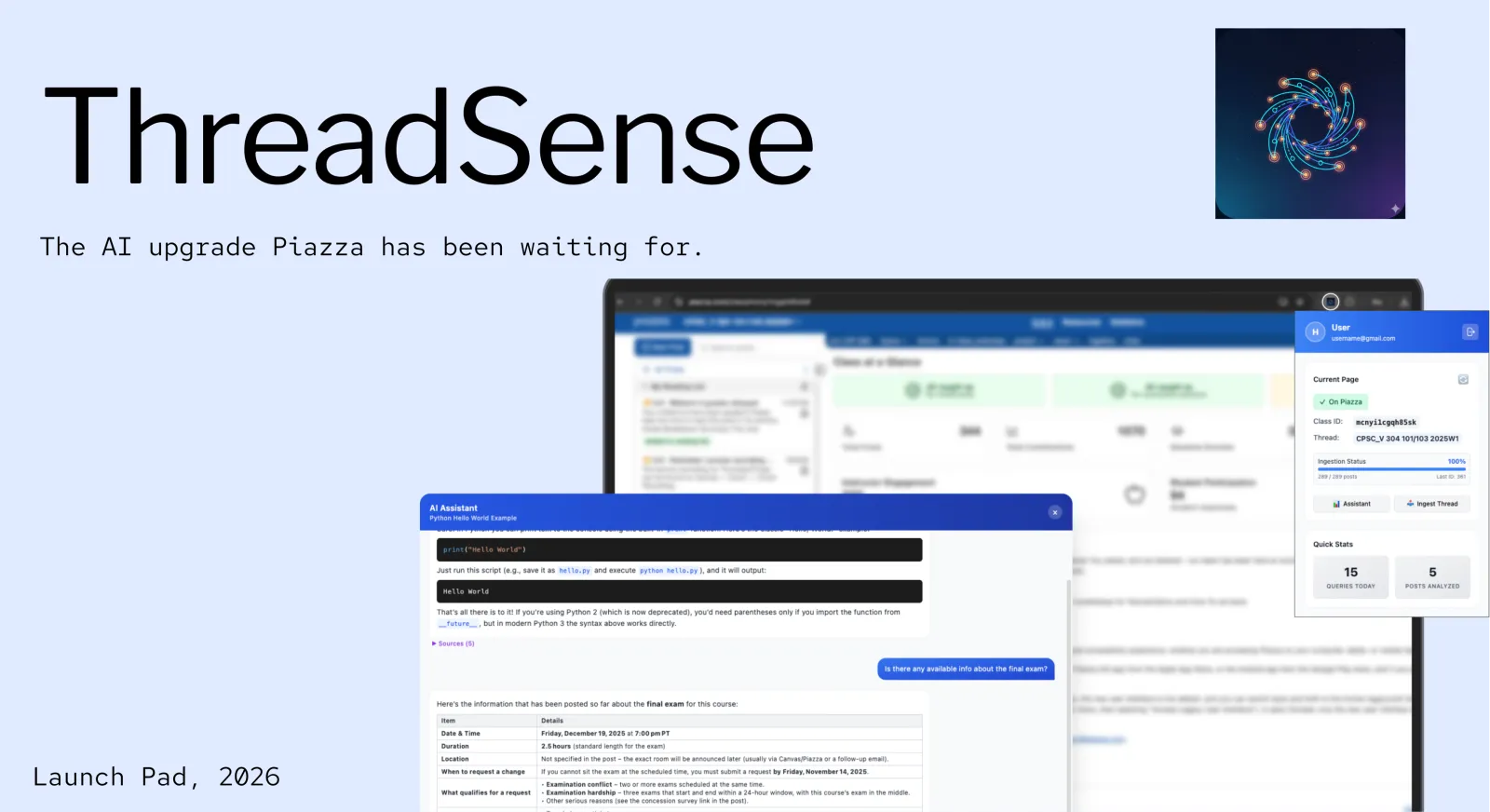 Screenshot of the ThreadSense plugin running on Piazza